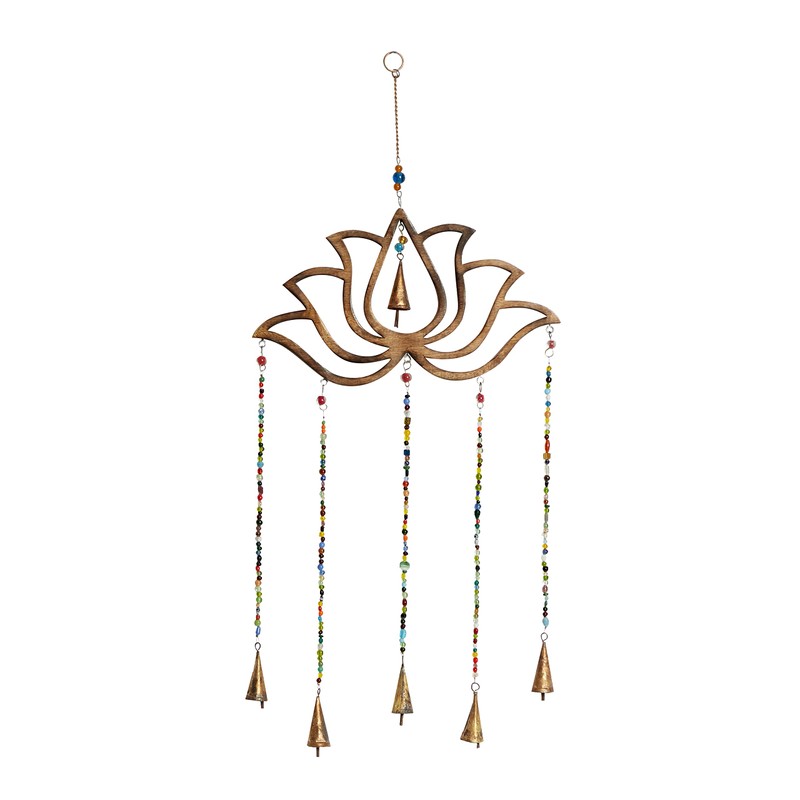 Deco 79 Eclectic Mango Wood Lotus Windchime with Bells, 15"L