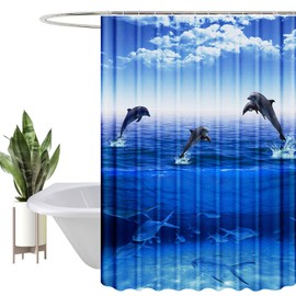 HEYOMART Shower Curtain Heavy Duty Polyester Fabric Waterproof Shower Curtain Liner, 3D Digital Painting Pattern for Shower Stall, Bathroom Curtains with 12 PCS Hooks (180x180cm, Ocean)