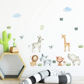 ZARROUEA Wall Sticker Nordic Cute Animals Lion Tiger Giraffe Monkey Tropical Animals Rhinoceros Zebra Green Leaf Plant Wall Decoration Modern Art Adhesive Sticker Decor Boy's Room Children's Room