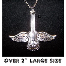 Fashion Jewelry RARE HIPPIE PEACE LOVE SIGN MUSIC GUITAR WING pendant On 20" 925 Silver Necklace