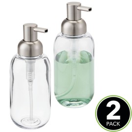 mDesign Round Plastic Refillable Liquid Soap Dispenser Pump Bottle for Bathroom Vanity Countertop, Kitchen Sink - Holds Hand Soap, Dish Soap, Hand Sanitizer, Essential Oils - 2 Pack - Clear/Brushed