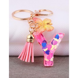 [Looking] Women Keychain Cute Stylish Alphabet Key Ring Pink Initial Letter Reel Strap Tassel Purse Backpack Charm, Pink Y