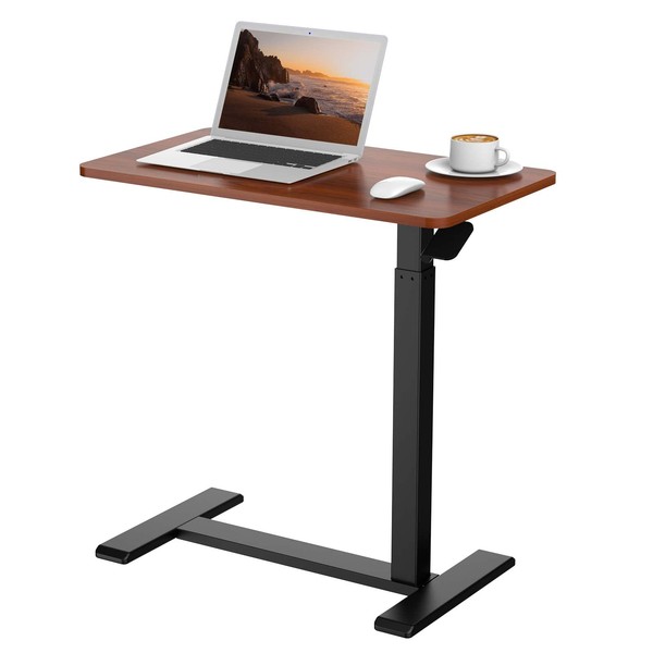 FLEXISPOT Medical Adjustable Overbed Bedside Table with Wheels Pneumatic Mobile Standing Desk Laptop Desk Rolling Computer Cart Movable Table Hospital Home Use(27.6" W x 15.7" D, Mahogany Table)