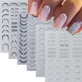 6 Sheets French Stripe Line Nail Stickers Silver Black Line with Rhinestones,Metallic Stripe Lines Adhesive Design Nail Supplies French Tip Sticker for Women Luxury Manicure Decorations