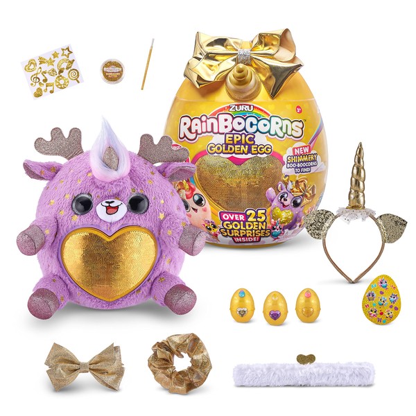 Rainbocorns Epic Golden Egg by ZURU (Reindeer), Girls Toy Includes Stuffed Animal with 25+ Golden Surprises, with Rings, Stickers, Bows, and More - Girls Gift Idea