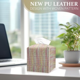 Tissue Box Cover, PU Leather Tissue Box Holder with Bottom Belt, Modern Square Tissue Box Covers with Wide Opening (Light Mix Color, Woven Patterns)