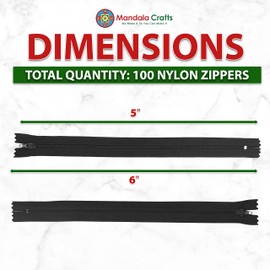 Nylon Zippers for Sewing, Bulk Zipper Supplies ; by Mandala Crafts (5 Inches, Black)
