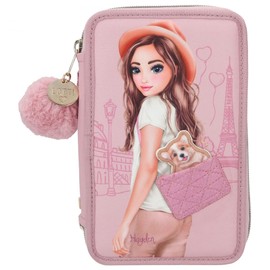 Depesche 12001 TOPModel Corgi - Filled 3-Compartment Pencil Case in Pink with Model Motif and Small Corgi, Pencil Case with Colouring Pencils, Ruler, Scissors and Much More, Pink, playful