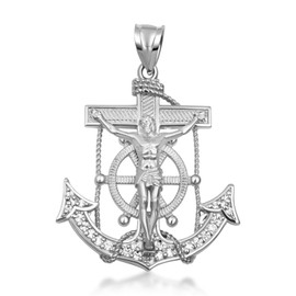 Claddagh Gold .925 Sterling Silver Mariner Cross Crucifix Anchor Jesus Christ Studded Pendant - Large