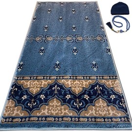 Modefa Turkish Islamic Luxury Prayer Carpet - Large Plush Velvet Rolled Kilim Rug - Thick Janamaz for Men & Women Ramadan or Eid Gift with Tesbih Prayer Beads & Kufi (Floral Blue)