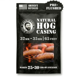 Bearded Butchers Natural Hog Casings 32-35mm – Pre-Flushed, Edible Sausage Casing for 25–30 lbs of Meat – Resealable Bag for Easy Storage – Bratwurst, Italian Sausage, Polish, Hot Dogs – Simply Soak & Stuff