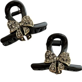 2-Piece Small Bow Claw Clips Set - Assorted Styles & Colors | Cute Mini Jaw Clips for Women & Girls, Secure Styling for Pigtails, Braids & Everyday Fashion (Sparkling Crystal Bow (Black))
