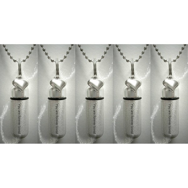 Family Set of 5 - LASER ENGRAVED - "You Are Forever Loved" with Heart - Brushed Silver CREMATION URNS with five Velvet Pouches, five 24" Ball-Chains & Fill Kit