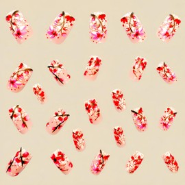 24 Pcs Flower Press on Nails Glitter Short Square Shaped Fake Nails with Pink White Floral Design Glossy False Nails Full Cover Spring Acrylic Nails Sparkly Stick on Nails for Women DIY Manicure