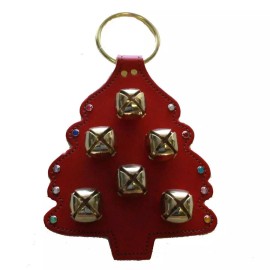 CHRISTMAS TREE RED LEATHER DOOR CHIME Stitching Crystal Ornaments 6 Brass Bells