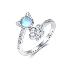 DAYLINLOVE Cat Ring 925 Sterling Silver Moonstone Stone Cat Paw Ring for Women Cat Lovers, Sterling Silver