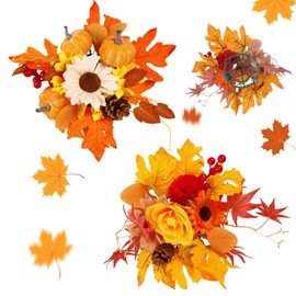 Uznaeoi Artificial Fall Flowers 2PCS Fall Centerpieces for Tables Fake Maple Pumpkins Sunflower Candle Ring Autumn Floral Arrangement or Harvest Party Thanksgiving Festival Home Decor