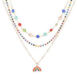Rainbow Necklace Layering Necklaces for Women Cubic Zirconia Beaded Necklace Multicolor Rhinestone Choker Necklaces Colorful Crystal Chain Necklace Jewelry for Women and Girls（Multicolor）