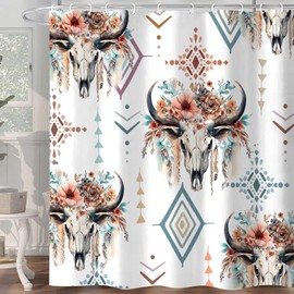 Hjokiupt - Cortina de ducha con diseño de calavera de toro occidental, diseño retro de vaca, diseño de calavera y calavera de cuerno, diseño bohemio, impermeable, juego de cortina de ducha de
