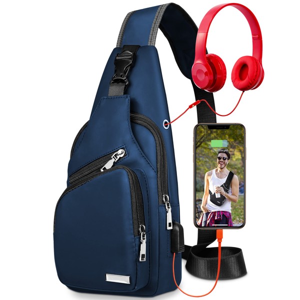 Waterproof Sling Bag Crossbody Backpack for Men Women Sling Backpack Hiking Daypack Multipurpose Cross Body Chest Bag with USB Charger Port & Headphone Hole for Outdoor Walking Travel(Navy blue)