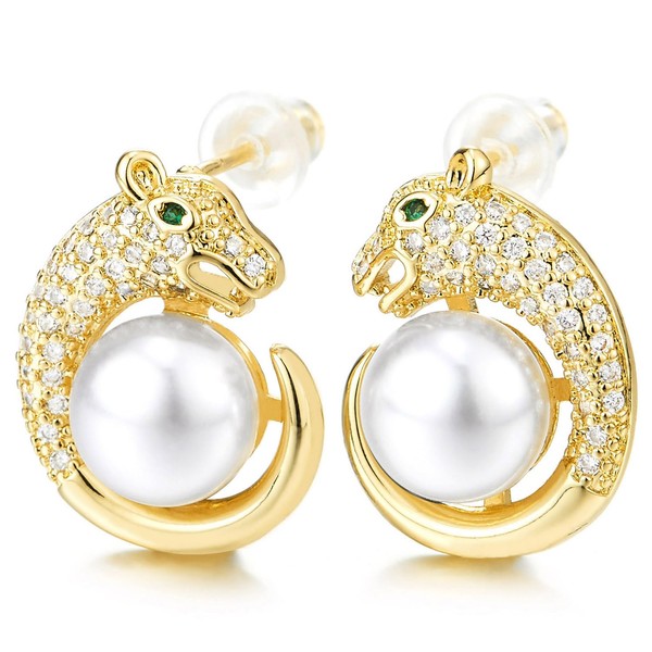Gold Leopard Pearl Stud Earrings Dazzling Pave Cubic Zirconia Heavy