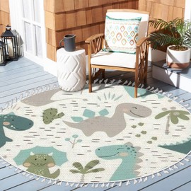 Round Rugs Dinosaur Baby boy Childish Sweet Dino with Palm & Cactus Boho Area Rug Linen & Cotton Carpet Meditation Rug Washable Hallway Runner Mat Accent Rug for Bedroom Bathroom 3ft, Multicolor