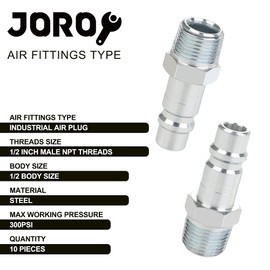 JOROY 1/2 Air Fittings, Industrial M-Type Plug, 1/2 Inch Flow Size, 1/2 Inch Male Threads Size, Steel Material, 300PSI, 5 Pieces Air Compressor Accessories Fittings