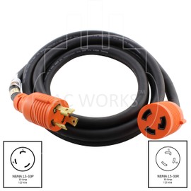 AC WORKS [L530PR] SOOW 10/3 3-Prong NEMA L5-30 30Amp 125Volt Generator Rubber Locking Extension Cord (10FT)