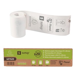 Exacompta SumUp 40762E Pack of 20 Thermal Rolls for SumUp 3G+ and SumUp Solo Devices, 1-Ply, Width 57 mm, Length 9 m, without Core, Coreless Cash Roll 55 g/m² Receipt Roll for SumUp Printers Extra