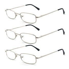 EYE ZOOM 3 Pack Classic Readers Rectangular Metal Reading Glasses for Men and Women, Silver, +2.00 Strength