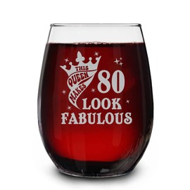 80Th Birthday Gifts For Women Engraved Stemless Wine Glass- This Queen Makes 80 Look Fabulous - 80 Year Old Wine Glass Gifts Born In 1943 - Gifts Idea Birthday- New Year - Wine Glass Gifts For Women