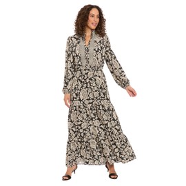 London Times Women's Dresses Womens Long Sleeve Button Front Maxi with Elasticized Waist - Tiered Ruffle Skirt Dress, Black/Bone, 4