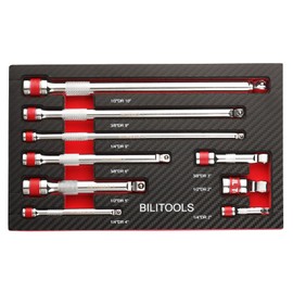 BILITOOLS Wobble Extension Set, 9 PCS 1/4", 3/8" and 1/2" Drive Ratchet Extension Set Flexible, Cr-V Steel