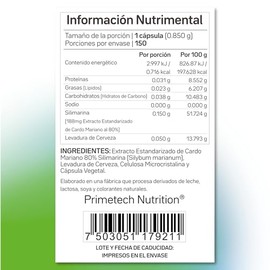 Primetech Nutrition Silimarina Cardo Mariano 150 Cápsulas Syl 450