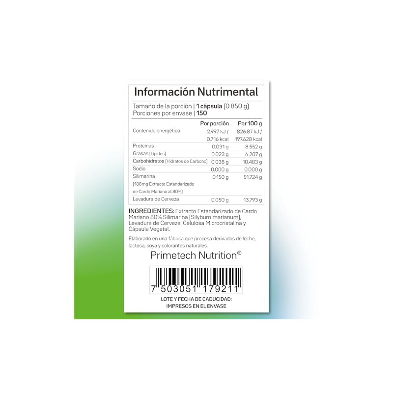Primetech Nutrition Silimarina Cardo Mariano 150 Cápsulas Syl 450