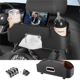 Backseat Car Organizer with 2 Drink Cup Holder - Tissue Holder - Car Seat Hooks for Headrest - Multi-Functional Storage for Travel - Perfect for Kids, Adults(Black)