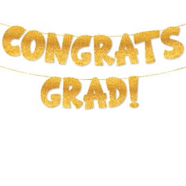 TOYVENTURES Graduation Gold Decorations Set - Congrats Grad Banner, Class of 2024 Backdrop, Party Supplies for High School & College Celebrations Degree PHD (Pre-strung, No DIY Required) (Gold-CG)