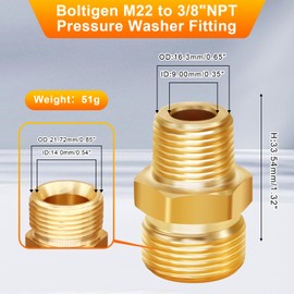 Boltigen M22 Pressure Washer Fitting, 2PCS M22-14mm Male x 3/8"NPT Male Thread Fittings, 3/8 NPT to M22 Pressure Washer Fitting, M22 Pressure Washer Hose Adapter, Max 4800PSI