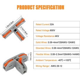 SNOKAY 20Pcs T-Shape Lever Nut Wire Connector, Compact Wire Conductor Connector,Quick Splitter 3 Pin 1 Way Wire Connector Suitable for AWG 28-12 Solid Stranded Wire