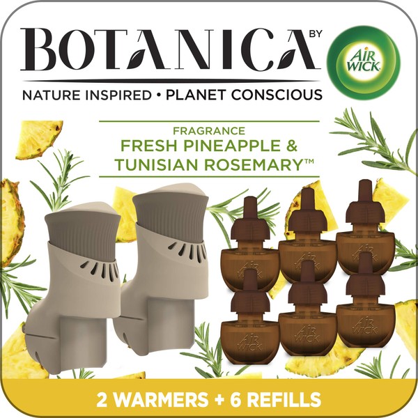 Botanica by Air Wick Plug in Scented Oil Starter Kit, 2 Warmers + 6 Refills, Fresh Pineapple and Tunisian Rosemary, Air Freshener, Eco Friendly, Essential Oils