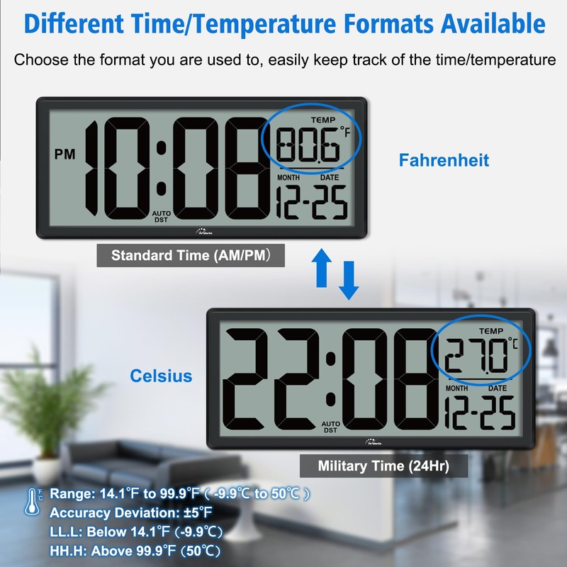 WallarGe Backlight Digital Wall Clock Battery Operated - with Temperature