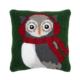 C&F Home Winter Owl Wearing Ear Muff and Scarf on Green Background Hooked Pillow Accent Pillow 12" x 12" 12" x 12" Green