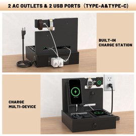 Wood Phone Docking Station with USB Ports and Outlets, Nightstand Organizer with Charging Station, Bedside Organizer with Drawer for Watch & Accessories, Christmas Anniversary Birthday Gifts for Men
