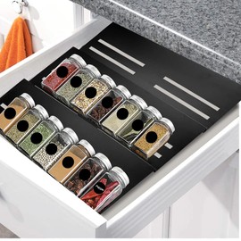 Spice Drawer Insert Made of Aluminium Strong Rustproof Metal Spice Organiser Width 30 cm Length 14-40 cm Extendable Spice Rack for Drawers with Sticker Spice Rack Organiser on 3 Levels