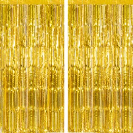CHRORINE 2pcs 3ft x 8.3ft Gold Tinsel Foil Fringe Curtains Streamers Backdrop for Birthday Graduation Wedding Engagement Bridal Shower Bachelorette Holiday Gold Party Decorations