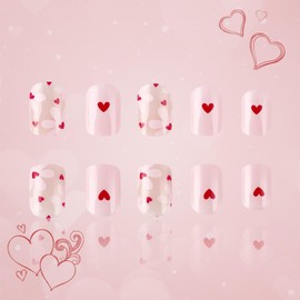 Red Love Heart Press on Nails Valentines Pink Flower Acrylic Short Square Fake Nails 24Pcs Glossy Red Heart False Nails Flower Stick on Nails Romantic Gift Gel Glue on Nails for Coquette Women Girls