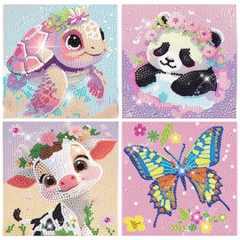 4 Pieces 5D Diamond Painting Children, Diamond Painting Pictures Children's Animals Set, Girls Boys Gifts 6 7 8 9 10 11 12 Years, Diamond Painting with Beautiful Gift Box (15 x 15 cm)