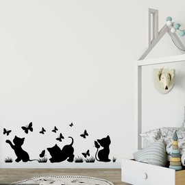 Fun Silhouette Cat Catches Butterfly Kids Baby Room Bedroom Living Room Vinyl Wall Sticker Home Decor