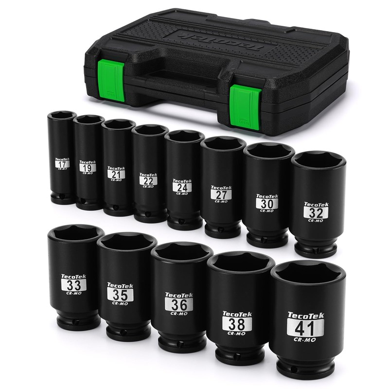 TecoTek 1/2" Drive Deep 6-Point Impact Socket Set, 13-Piece Spindle