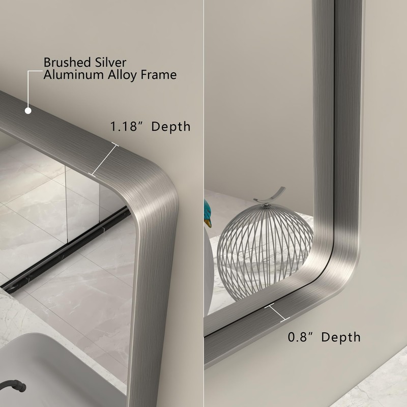 CHARMOR 24x32 Inch Brushed Nickel Bathroom Mirror, Rounded Rectangle Silver